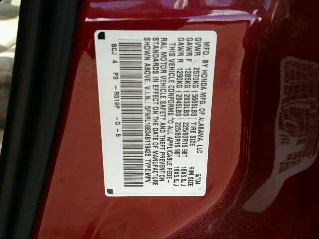 5FNRL18834B119425 - 2004 HONDA ODYSSEY EX RED photo 10