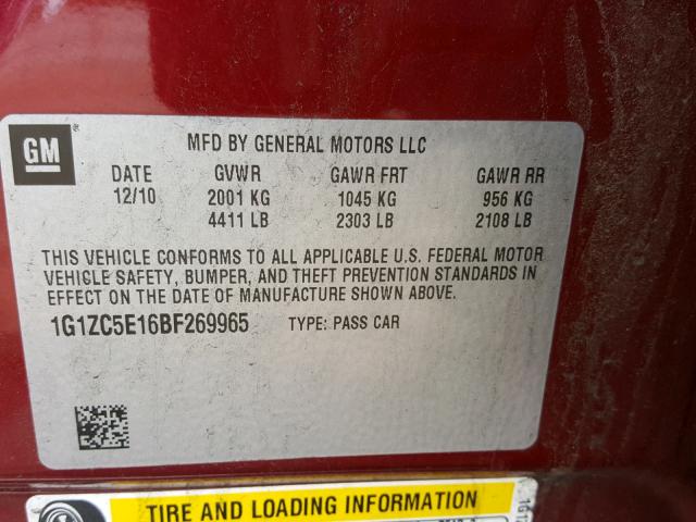 1G1ZC5E16BF269965 - 2011 CHEVROLET MALIBU 1LT წითელი ფოტო 10