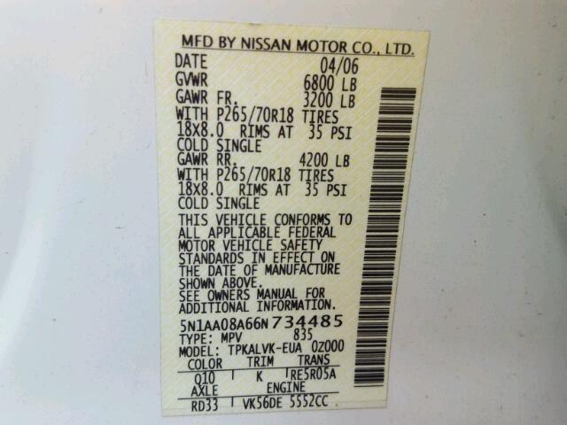 5N1AA08A66N734485 - 2006 NISSAN ARMADA SE WHITE photo 10