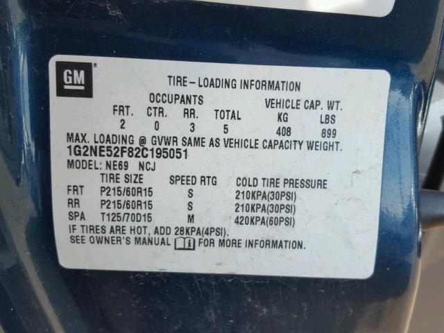 1G2NE52F82C195051 - 2002 PONTIAC GRAND AM S 蓝色 照片 10