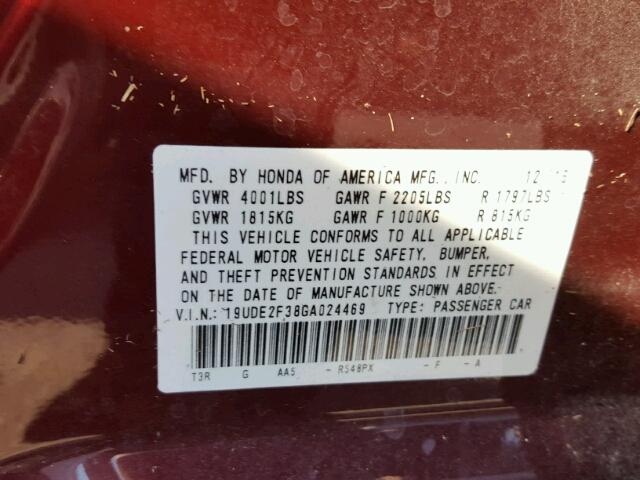 19UDE2F38GA024469 - 2016 ACURA ILX BASE MAROON photo 10