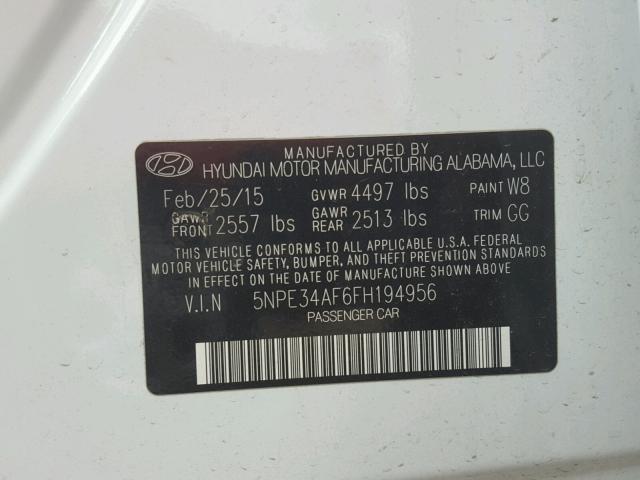 5NPE34AF6FH194956 - 2015 HYUNDAI SONATA SPO WHITE photo 10