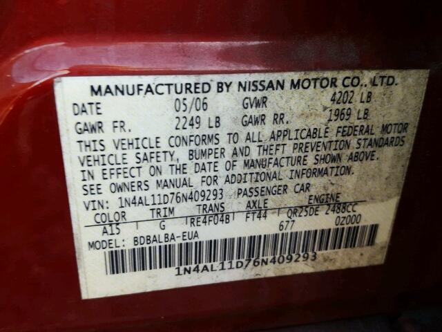 1N4AL11D76N409293 - 2006 NISSAN ALTIMA RED photo 10