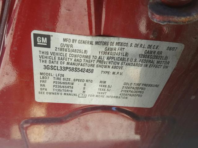 3GSCL33P58S542458 - 2008 SATURN VUE XE RED photo 10