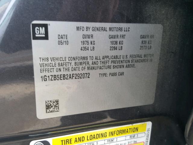 1G1ZB5EB2AF292072 - 2010 CHEVROLET MALIBU LS ნაცრისფერი ფოტო 10