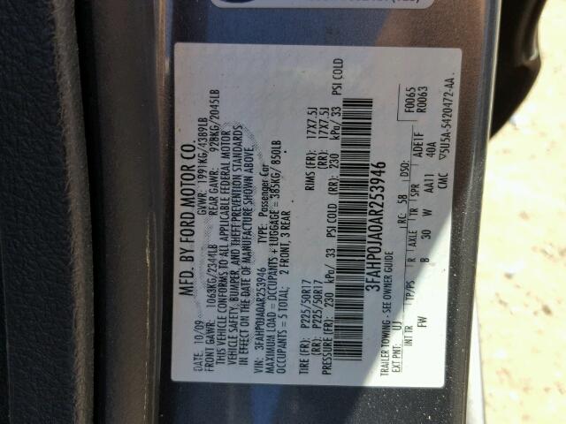 3FAHP0JA0AR253946 - 2010 FORD FUSION GRAY photo 10