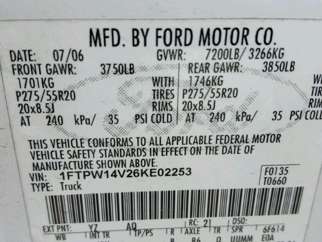 1FTPW14V26KE02253 - 2006 FORD F150 WHITE photo 10