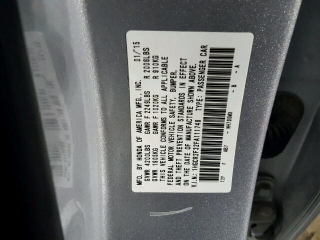 1HGCR2F32FA111749 - 2015 HONDA ACCORD SILVER photo 10