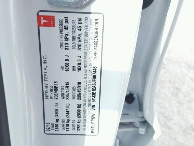 5YJ3E1EA6JF007446 - 2018 TESLA MODEL 3 თეთრი ფოტო 10