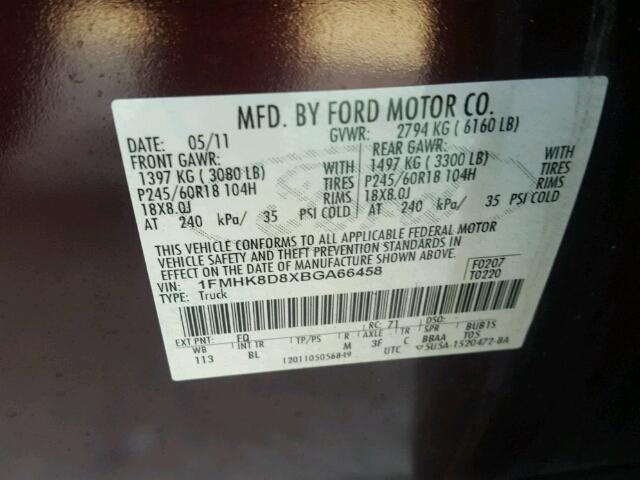 1FMHK8D8XBGA66458 - 2011 FORD EXPLORER BURGUNDY photo 10