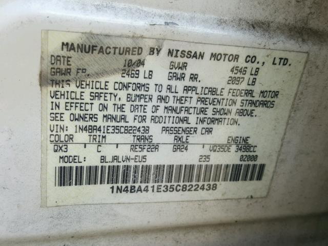 1N4BA41E35C822438 - 2005 NISSAN MAXIMA SE WHITE photo 10