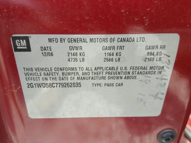 2G1WD58C779262035 - 2007 CHEVROLET IMPALA SUP 勃艮第红 照片 10