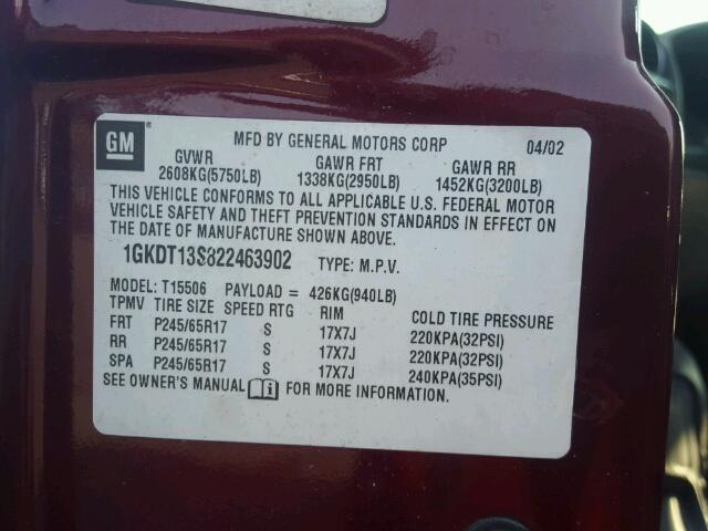 1GKDT13S822463902 - 2002 GMC ENVOY BURGUNDY photo 10