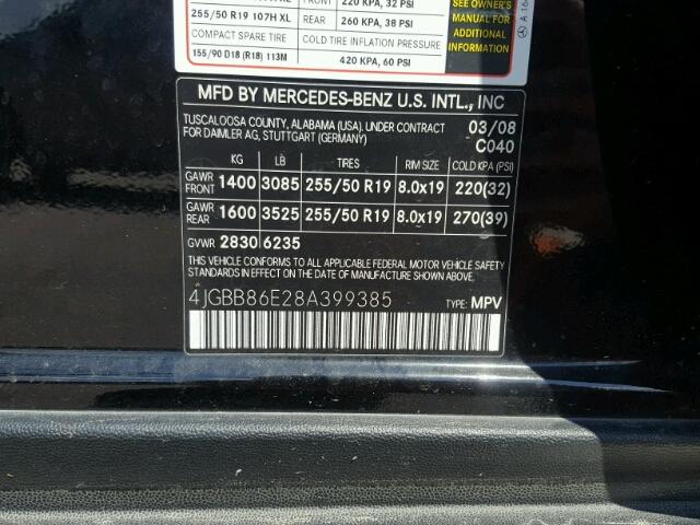 4JGBB86E28A399385 - 2008 MERCEDES-BENZ ML 350 BLACK photo 10