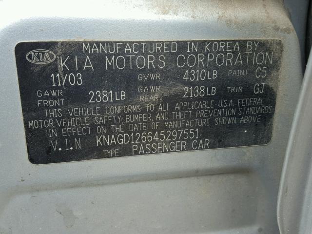 KNAGD126645297551 - 2004 KIA OPTIMA SILVER photo 10