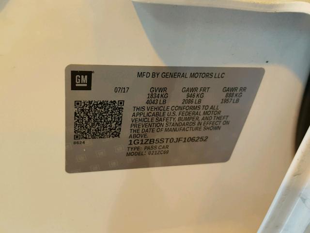 1G1ZB5ST0JF106252 - 2018 CHEVROLET MALIBU LS WHITE photo 10