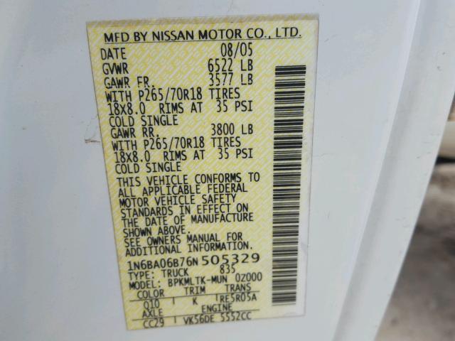 1N6BA06B76N505329 - 2006 NISSAN TITAN XE WHITE photo 10