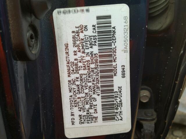 4T1BF32K32U529635 - 2002 TOYOTA CAMRY BLUE photo 10