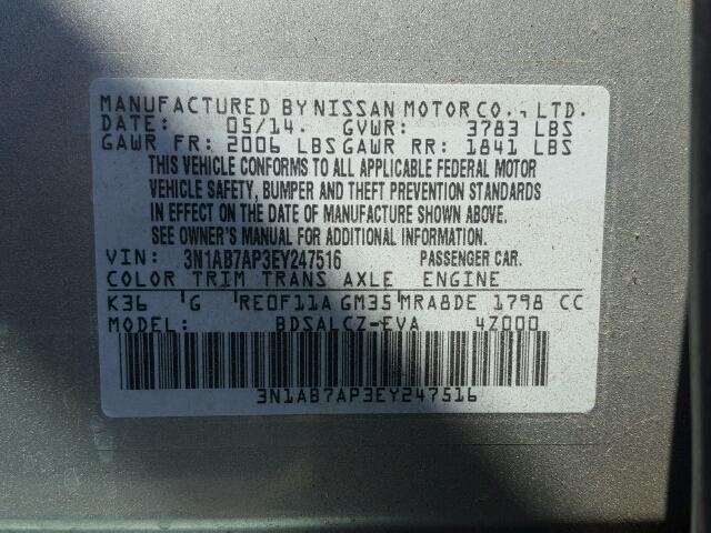 3N1AB7AP3EY247516 - 2014 NISSAN SENTRA S SILVER photo 10