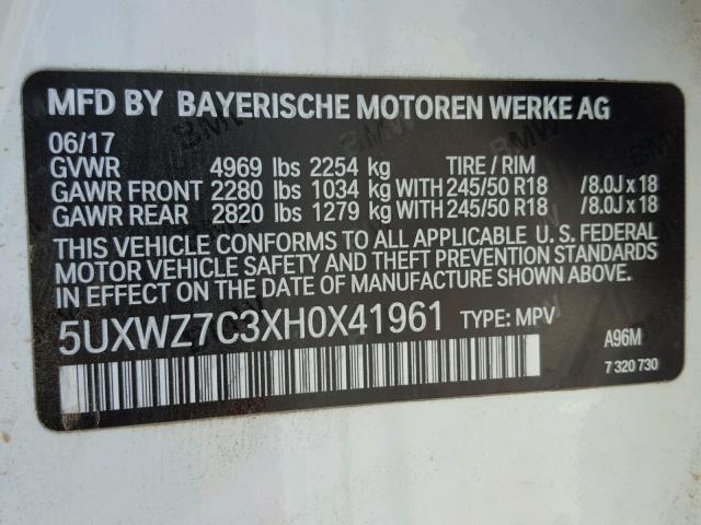 5UXWZ7C3XH0X41961 - 2017 BMW X3 SDRIVE2 WHITE photo 10