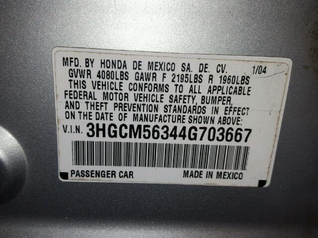 3HGCM56344G703667 - 2004 HONDA ACCORD LX SILVER photo 10