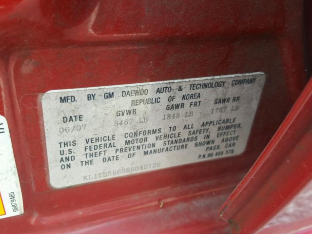 KL1TD56698B040126 - 2008 CHEVROLET AVEO BASE Czerwony zdjęcie 10