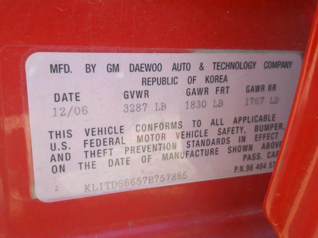 KL1TD66657B757885 - 2007 CHEVROLET AVEO BASE Қызыл фото 10