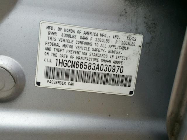 1HGCM66583A030970 - 2003 HONDA ACCORD SILVER photo 10