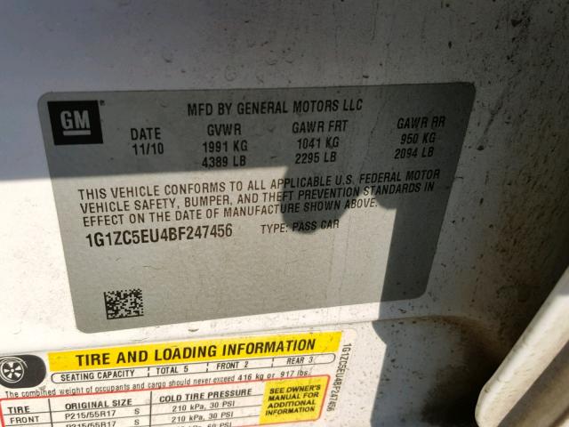 1G1ZC5EU4BF247456 - 2011 CHEVROLET MALIBU 1LT 白色 照片 10