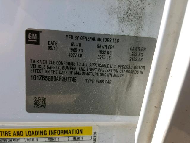 1G1ZB5EB0AF291745 - 2010 CHEVROLET MALIBU LS WHITE photo 10