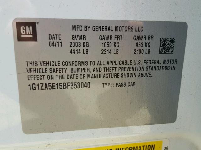 1G1ZA5E15BF353040 - 2011 CHEVROLET MALIBU LS თეთრი ფოტო 10