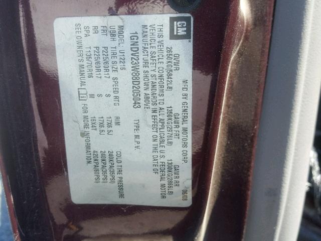 1GNDV23W88D205043 - 2008 CHEVROLET UPLANDER L 勃艮第红 照片 10