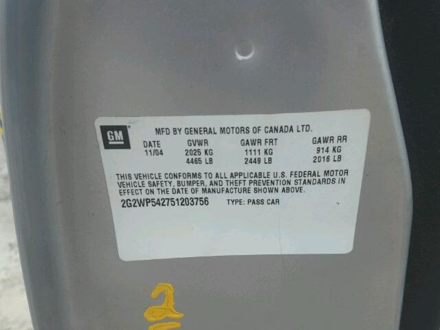 2G2WP542751203756 - 2005 PONTIAC GRAND PRIX SILVER photo 10