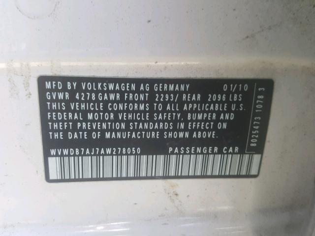 WVWDB7AJ7AW278050 - 2010 VOLKSWAGEN GOLF WHITE photo 10