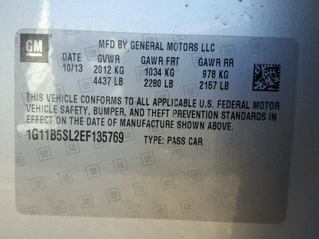 1G11B5SL2EF135769 - 2014 CHEVROLET MALIBU LS 银色 照片 10