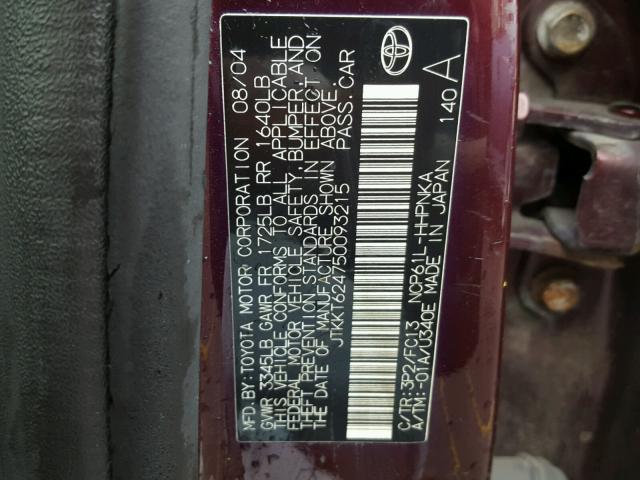 JTKKT624750093215 - 2005 TOYOTA SCION XA ბურგუნდია ფოტო 10