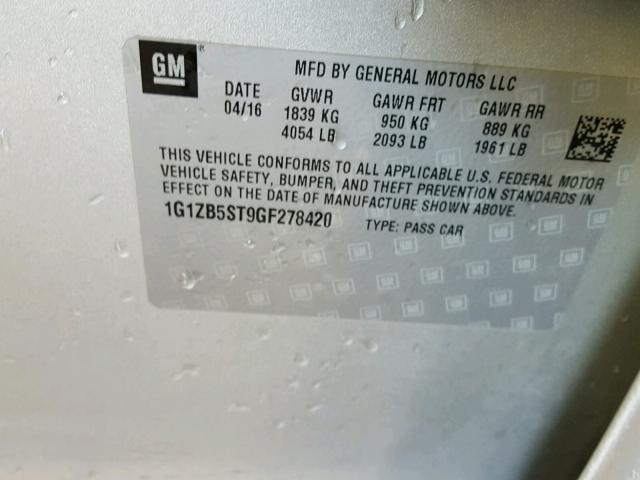 1G1ZB5ST9GF278420 - 2016 CHEVROLET MALIBU LS ვერცხლისფერი ფოტო 10