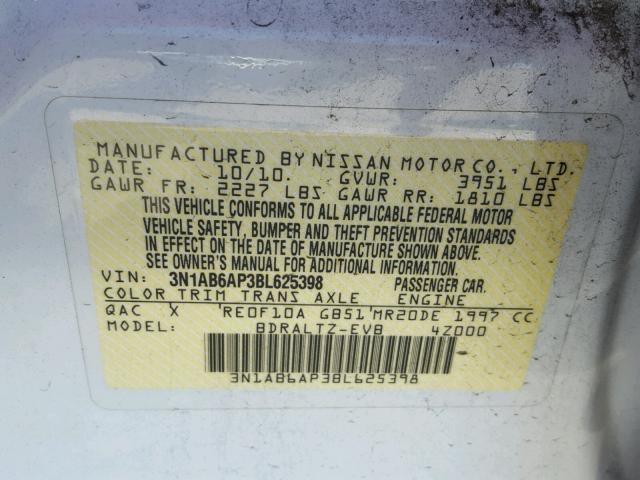 3N1AB6AP3BL625398 - 2011 NISSAN SENTRA 2.0 WHITE photo 10