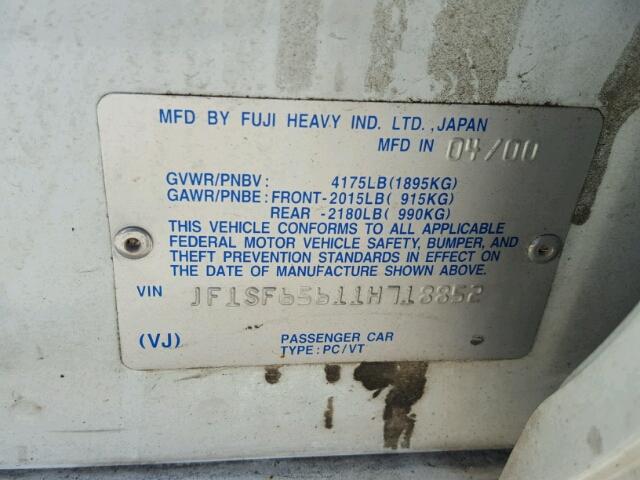 JF1SF65611H718852 - 2001 SUBARU FORESTER S WHITE photo 10