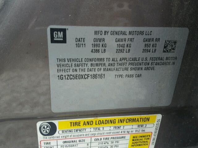 1G1ZC5E0XCF186161 - 2012 CHEVROLET MALIBU 1LT BROWN photo 10
