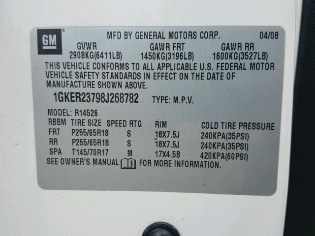 1GKER23798J268782 - 2008 GMC ACADIA SLT თეთრი ფოტო 10