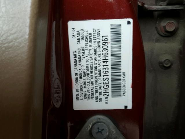 2HGES16314H630961 - 2004 HONDA CIVIC DX V RED photo 10