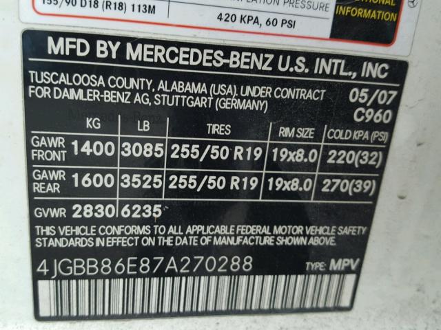 4JGBB86E87A270288 - 2007 MERCEDES-BENZ ML 350 WHITE photo 10