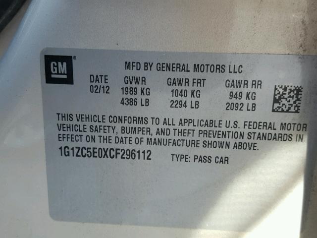 1G1ZC5E0XCF296112 - 2012 CHEVROLET MALIBU 1LT BEIGE photo 10