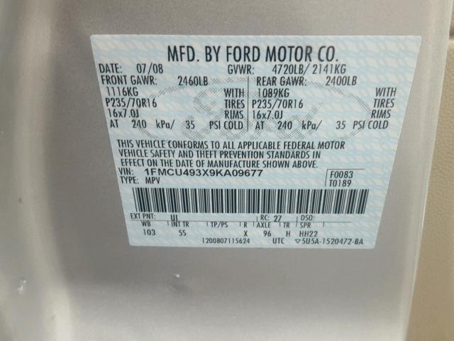 1FMCU493X9KA09677 - 2009 FORD ESCAPE HYB SILVER photo 10