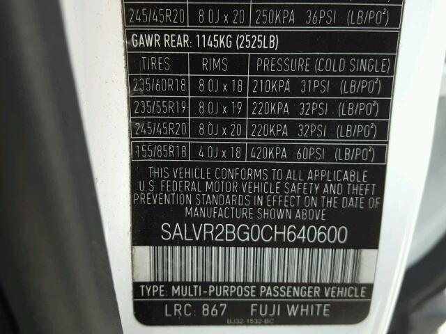 SALVR2BG0CH640600 - 2012 LAND ROVER RANGE ROVE WHITE photo 10