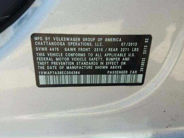 1VWAP7A36EC004364 - 2014 VOLKSWAGEN PASSAT SILVER photo 10