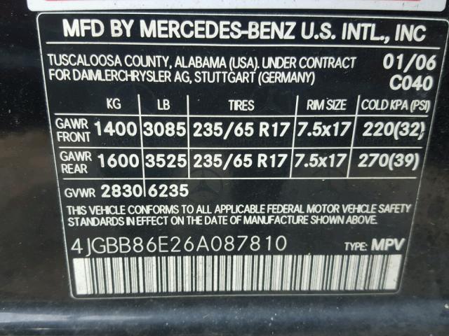 4JGBB86E26A087810 - 2006 MERCEDES-BENZ ML 350 BLACK photo 10