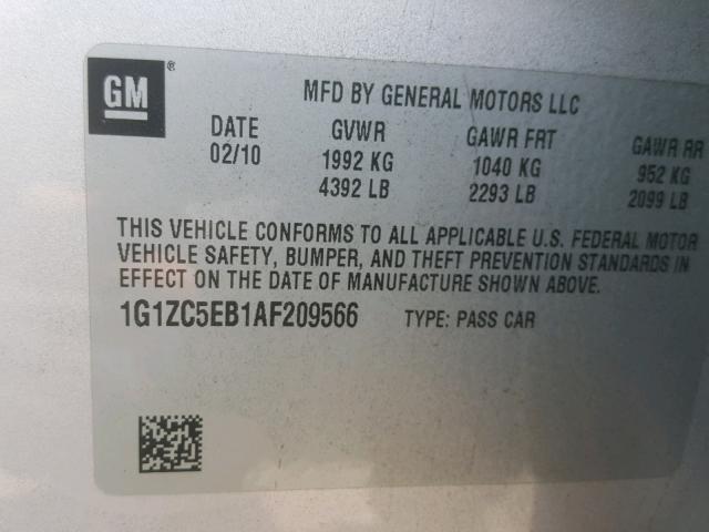 1G1ZC5EB1AF209566 - 2010 CHEVROLET MALIBU 1LT 银色 照片 10