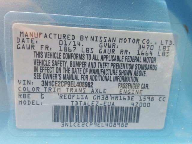 3N1CE2CP9EL408982 - 2014 NISSAN VERSA NOTE BLUE photo 10